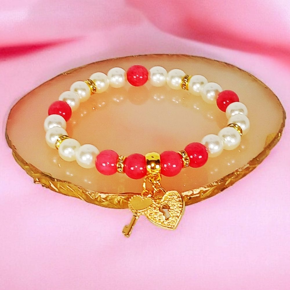 Pearl & Pink Rhodochrosite Bracelet with Heart Lock & Key Charms Coquette Core